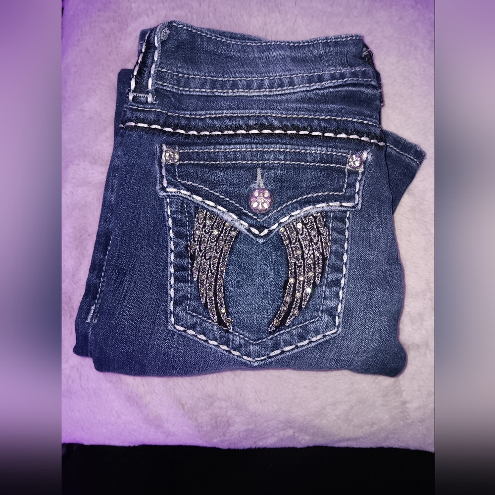 Miss Me Dark Blue Boot Cut Size 28 Jeans with Silver Accents